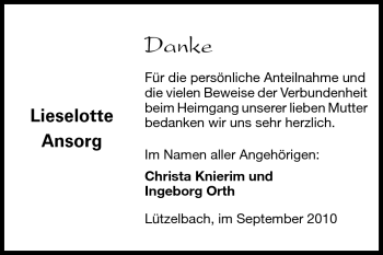 Traueranzeige von Lieselotte Ansorg von Odenwälder Echo