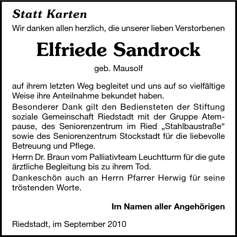  Traueranzeige für Elfriede Sandrock vom 25.09.2010 aus Rüsselsheimer Echo, Groß-Gerauer-Echo, Ried Echo