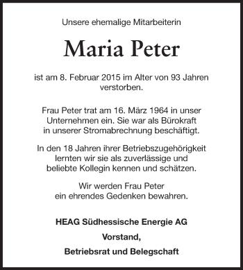 Traueranzeige von Maria Peter von Echo-Zeitungen (Gesamtausgabe)