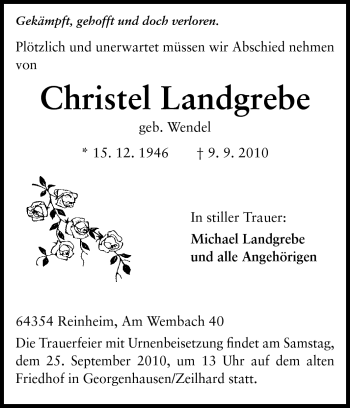 Traueranzeige von Christel Landgrebe von Echo-Zeitungen (Gesamtausgabe)
