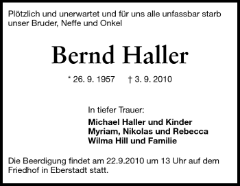 Traueranzeige von Bernd Haller von Darmstädter Echo, Odenwälder Echo, Rüsselsheimer Echo, Groß-Gerauer-Echo, Ried Echo