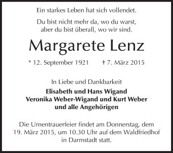 Traueranzeige von Margarete Lenz von Echo-Zeitungen (Gesamtausgabe)