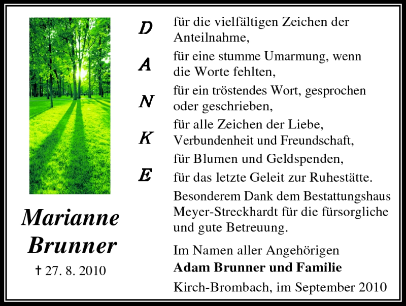  Traueranzeige für Marianne Brunner vom 18.09.2010 aus Odenwälder Echo