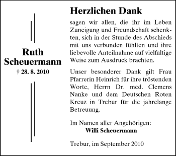 Traueranzeige von Ruth Scheuermann von Rüsselsheimer Echo, Groß-Gerauer-Echo, Ried Echo