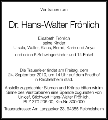 Traueranzeige von Hans-Walther Fröhlich von Echo-Zeitungen (Gesamtausgabe)