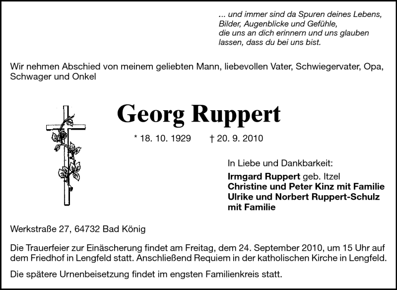  Traueranzeige für Georg Ruppert vom 22.09.2010 aus Darmstädter Echo, Odenwälder Echo, Rüsselsheimer Echo, Groß-Gerauer-Echo, Ried Echo