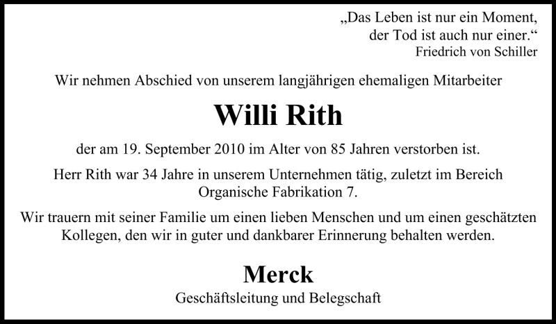  Traueranzeige für Willi Rith vom 23.09.2010 aus Echo-Zeitungen (Gesamtausgabe)