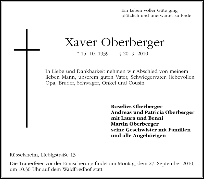  Traueranzeige für Xaver Oberberger vom 23.09.2010 aus Rüsselsheimer Echo, Groß-Gerauer-Echo, Ried Echo