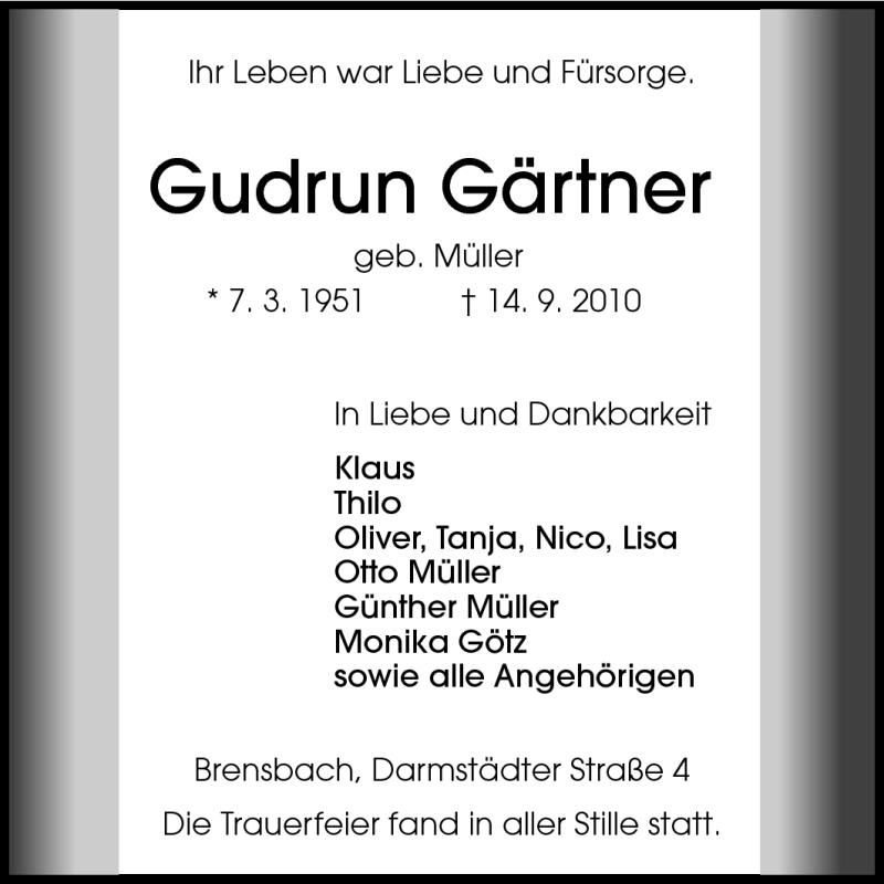  Traueranzeige für Gudrun Gärtner vom 23.09.2010 aus Echo-Zeitungen (Gesamtausgabe)