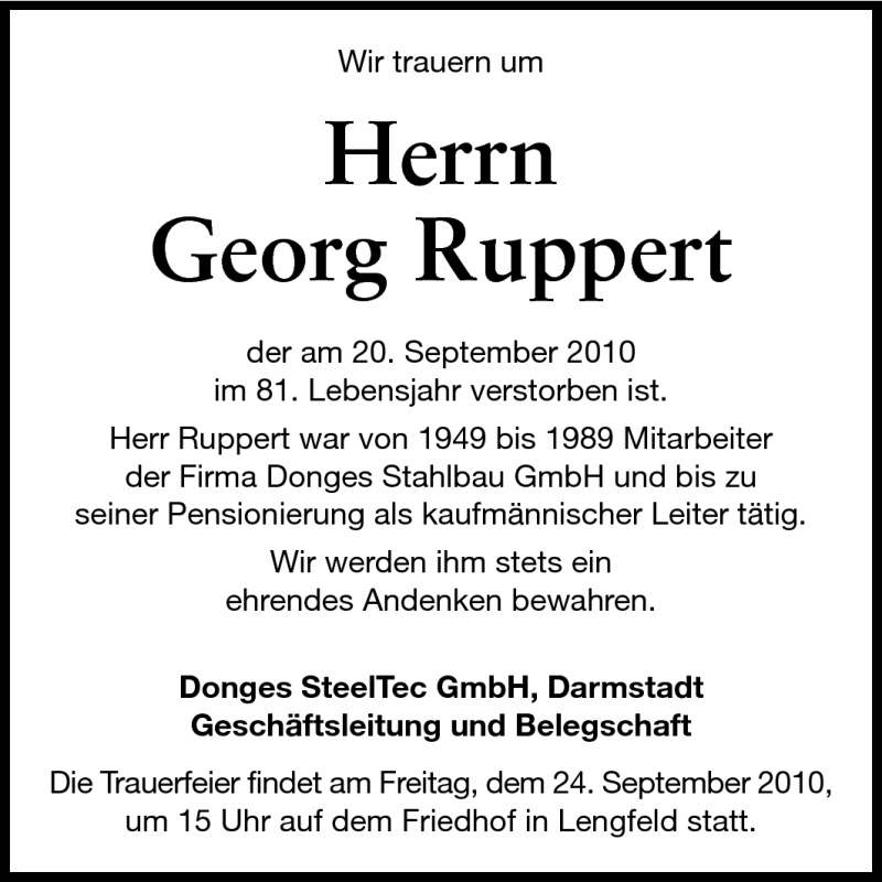  Traueranzeige für Georg Ruppert vom 23.09.2010 aus Echo-Zeitungen (Gesamtausgabe)