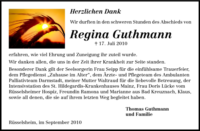  Traueranzeige für Regina Guthmann vom 25.09.2010 aus Rüsselsheimer Echo, Groß-Gerauer-Echo, Ried Echo