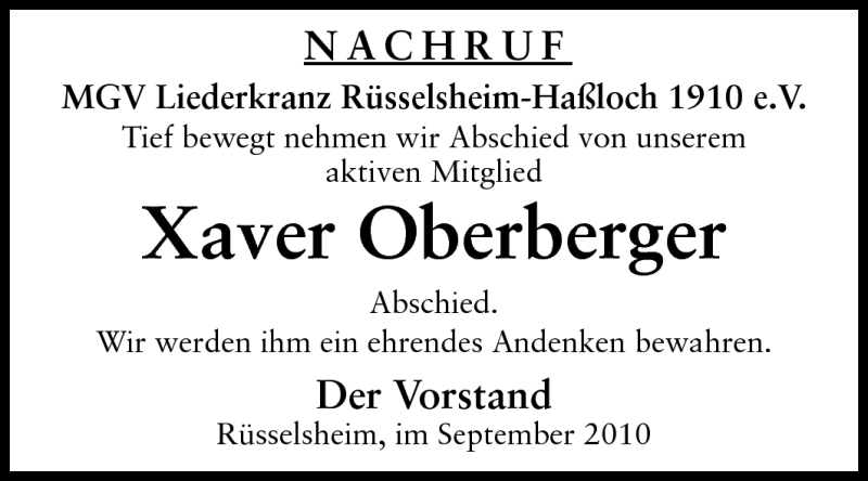  Traueranzeige für Xaver Oberberger vom 29.09.2010 aus Rüsselsheimer Echo, Groß-Gerauer-Echo, Ried Echo