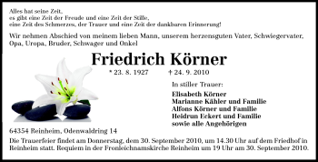 Traueranzeige von Friedrich Körner von Darmstädter Echo, Odenwälder Echo, Rüsselsheimer Echo, Groß-Gerauer-Echo, Ried Echo