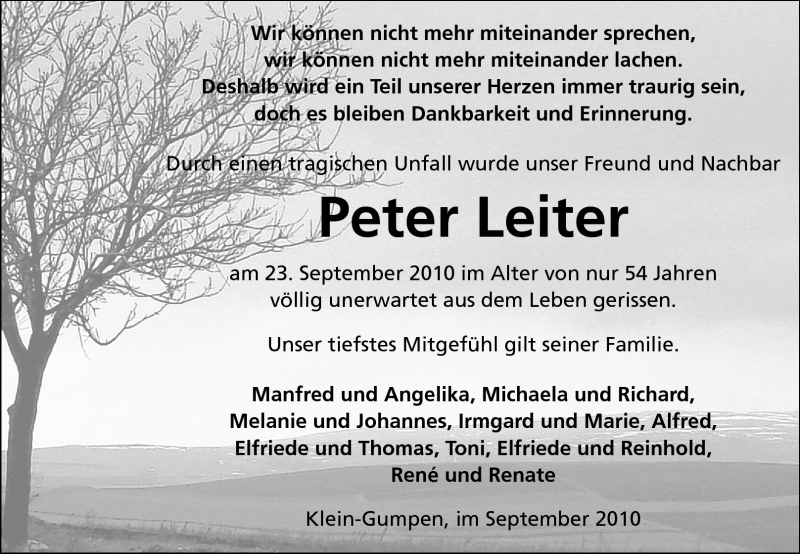  Traueranzeige für Peter Leiter vom 29.09.2010 aus Odenwälder Echo