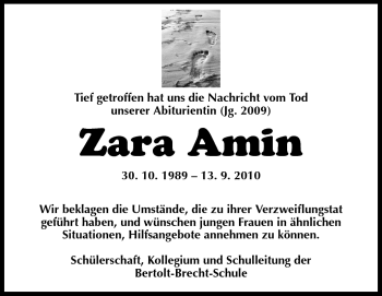 Traueranzeige von Zara Amin von Echo-Zeitungen (Gesamtausgabe)