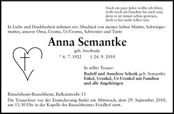 Traueranzeige von Anna Semantke von Rüsselsheimer Echo, Groß-Gerauer-Echo, Ried Echo