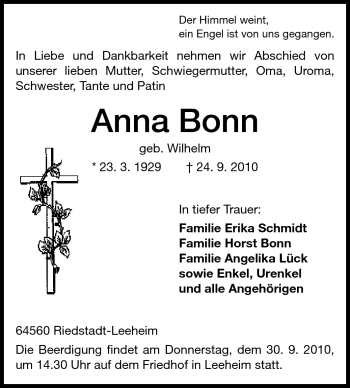 Traueranzeige von Anna Bonn von Rüsselsheimer Echo, Groß-Gerauer-Echo, Ried Echo
