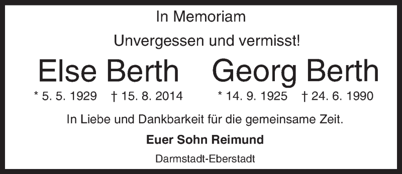  Traueranzeige für Else und Georg Berth vom 15.08.2015 aus trauer.echo-online.de