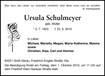 Traueranzeige von Ursula Schulmeyer von Rüsselsheimer Echo, Groß-Gerauer-Echo, Ried Echo
