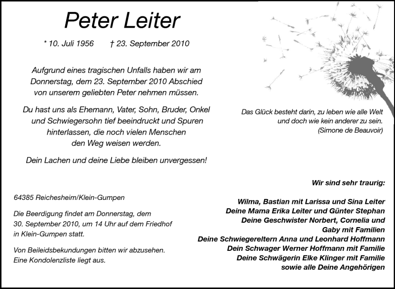  Traueranzeige für Peter Leiter vom 29.09.2010 aus Starkenburger Echo