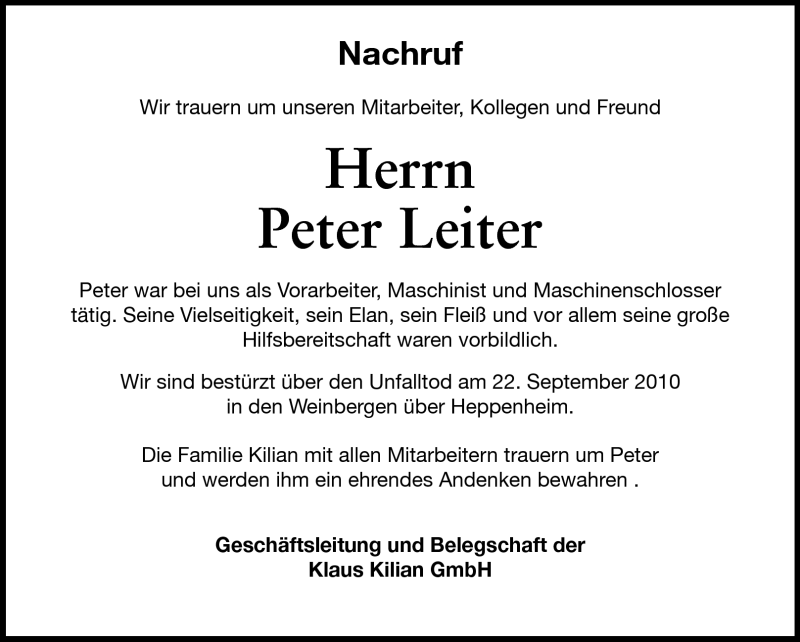  Traueranzeige für Peter Leiter vom 29.09.2010 aus Odenwälder Echo
