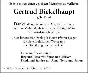 Traueranzeige von Gertrud Helene Bickelhaupt von Echo-Zeitungen (Gesamtausgabe)