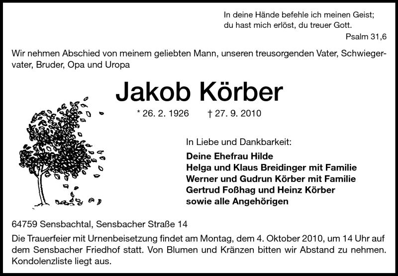  Traueranzeige für Jakob Körber vom 01.10.2010 aus Darmstädter Echo, Odenwälder Echo, Rüsselsheimer Echo, Groß-Gerauer-Echo, Ried Echo