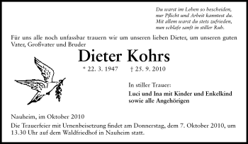 Traueranzeige von Dieter Kohrs von Rüsselsheimer Echo, Groß-Gerauer-Echo, Ried Echo