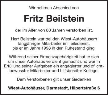 Traueranzeige von Fritz Beilstein von Echo-Zeitungen (Gesamtausgabe)