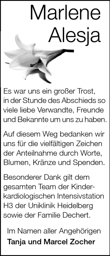 Traueranzeige von Marlene Alesja von Echo-Zeitungen (Gesamtausgabe)