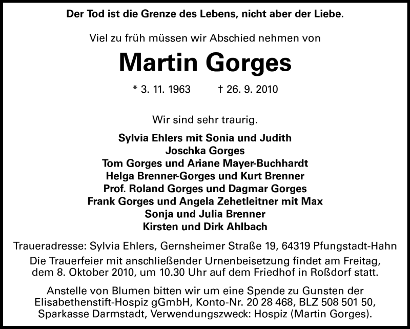 Traueranzeige für Martin Gorges vom 02.10.2010 aus Echo-Zeitungen (Gesamtausgabe)