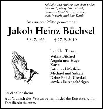 Traueranzeige von Jakob Heinz Büchsel von Darmstädter Echo, Odenwälder Echo, Rüsselsheimer Echo, Groß-Gerauer-Echo, Ried Echo