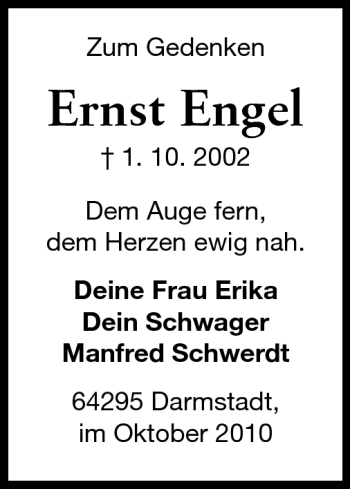 Traueranzeige von Ernst Engel von Darmstädter Echo, Odenwälder Echo, Rüsselsheimer Echo, Groß-Gerauer-Echo, Ried Echo