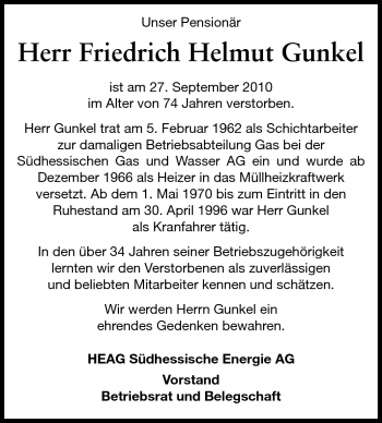 Traueranzeige von Friedrich Helmut Gunkel von Echo-Zeitungen (Gesamtausgabe)