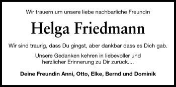 Traueranzeige von Helga Friedmann  von Rüsselsheimer Echo, Groß-Gerauer-Echo, Ried Echo