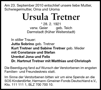 Traueranzeige von Ursula Tretner von Darmstädter Echo, Odenwälder Echo, Rüsselsheimer Echo, Groß-Gerauer-Echo, Ried Echo