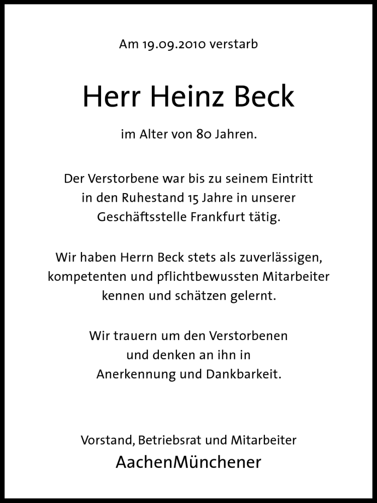  Traueranzeige für Heinz Beck vom 04.10.2010 aus Echo-Zeitungen (Gesamtausgabe)
