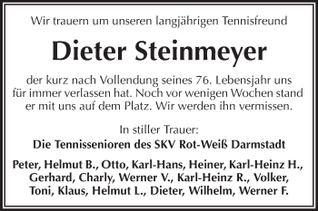 Traueranzeige von Dieter Steinmeyer von Echo-Zeitungen (Gesamtausgabe)