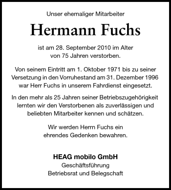 Traueranzeige von Hermann Fuchs von Echo-Zeitungen (Gesamtausgabe)