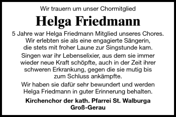 Traueranzeige von Helga Friedmann  von Rüsselsheimer Echo, Groß-Gerauer-Echo, Ried Echo