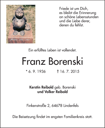 Traueranzeige von Franz Borenski von Echo-Zeitungen (Gesamtausgabe)
