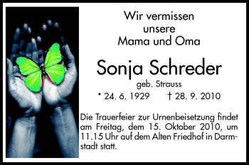 Traueranzeige von Sonja Schreder von Darmstädter Echo, Odenwälder Echo, Rüsselsheimer Echo, Groß-Gerauer-Echo, Ried Echo