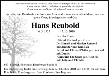 Traueranzeige von Hans Reubold von Odenwälder Echo