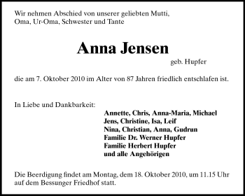 Traueranzeige von Anna Jensen von Darmstädter Echo, Odenwälder Echo, Rüsselsheimer Echo, Groß-Gerauer-Echo, Ried Echo