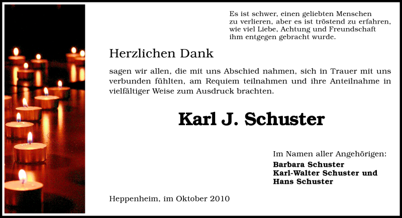  Traueranzeige für Karl J. Schuster vom 16.10.2010 aus Starkenburger Echo, Bergsträßer Anzeiger
