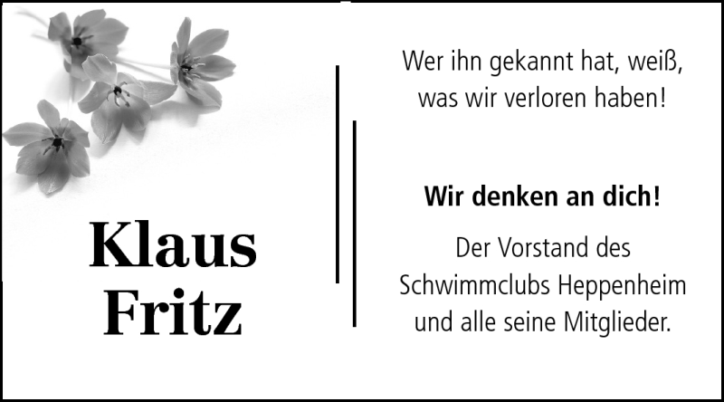  Traueranzeige für Klaus Fritz vom 12.10.2010 aus Starkenburger Echo