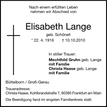 Traueranzeige von Elisabet Lange von Rüsselsheimer Echo, Groß-Gerauer-Echo, Ried Echo