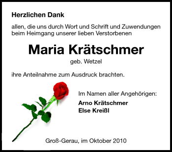 Traueranzeige von Maria Krätschmer von Rüsselsheimer Echo, Groß-Gerauer-Echo, Ried Echo
