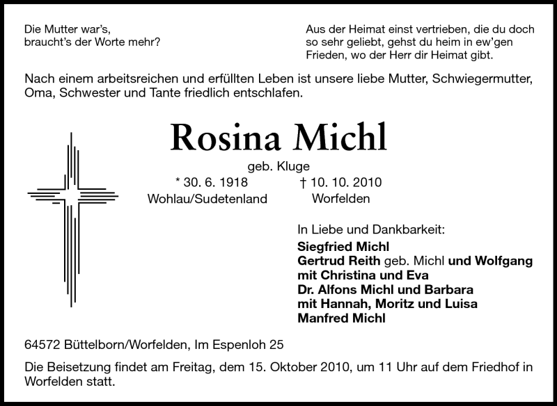  Traueranzeige für Rosina Michl vom 13.10.2010 aus Rüsselsheimer Echo, Groß-Gerauer-Echo, Ried Echo