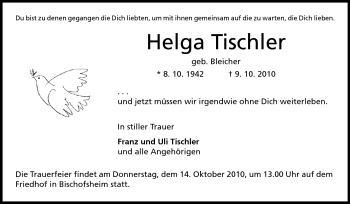 Traueranzeige von Helga Tischler von Rüsselsheimer Echo, Groß-Gerauer-Echo, Ried Echo